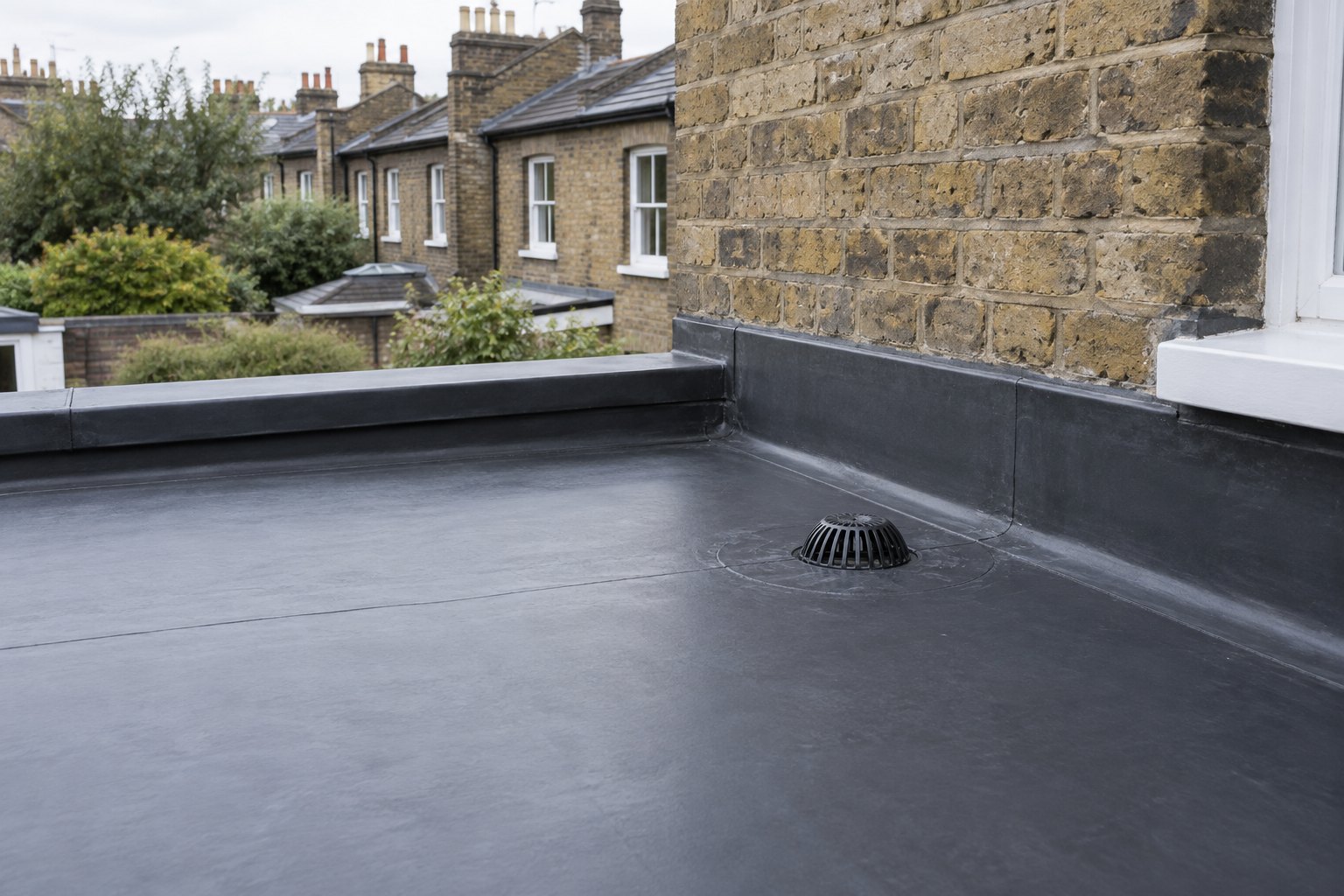 EPDM repair around a flat-roof outlet beside a wall upstand