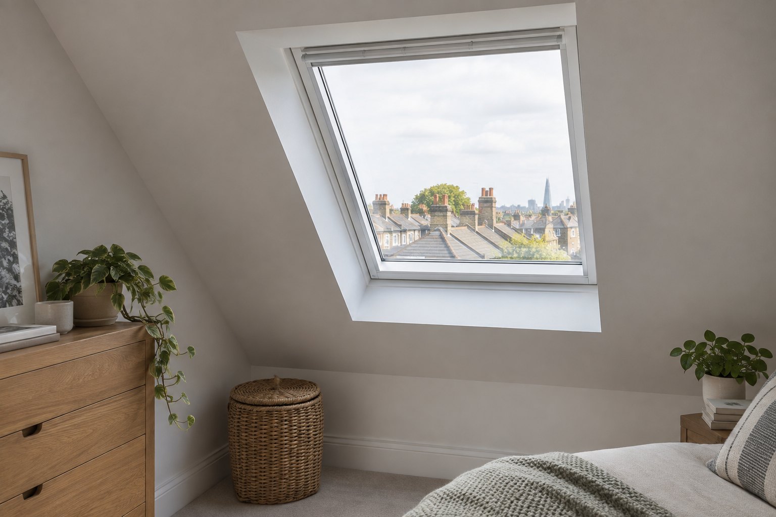 Fitted roof window with white reveals in a finished loft room
