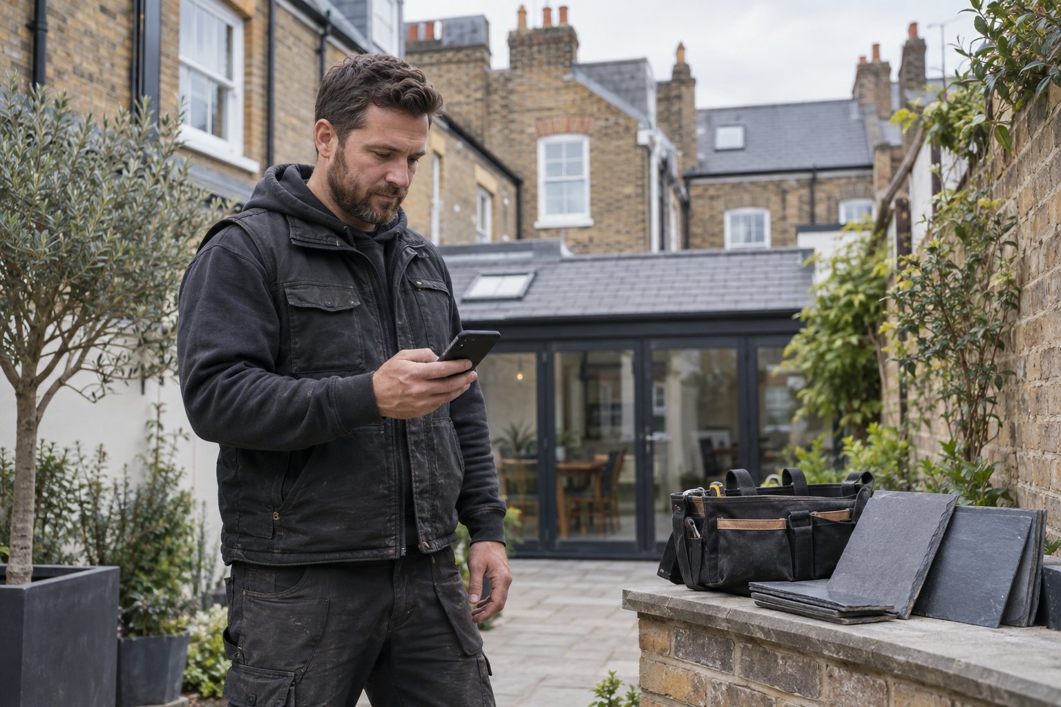 Roofer checking a phone in a courtyard beside a tool bag and slate samples