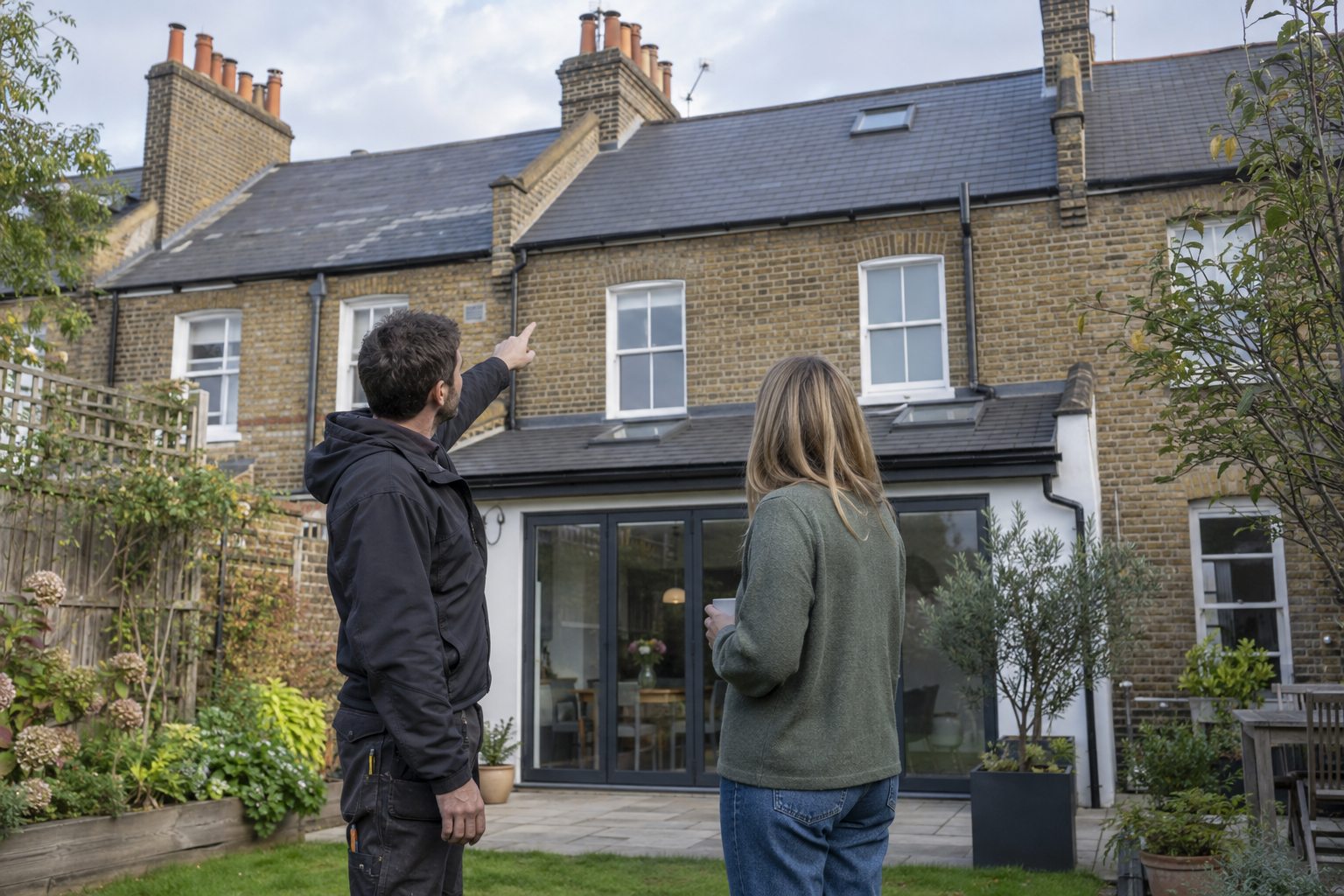 Roofer and homeowner looking at a slate roof from a terraced-house garden