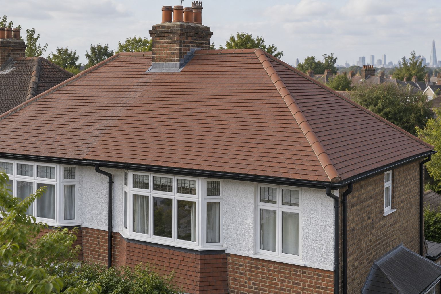 New clay tiles and neat ridge details on a hipped house roof