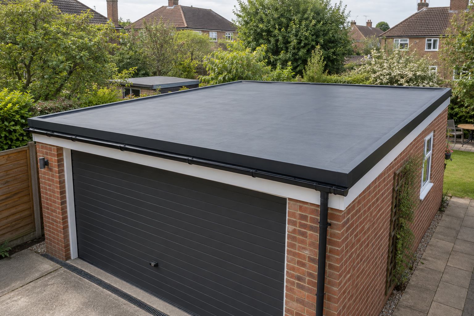 New EPDM covering and perimeter trims on a brick garage roof