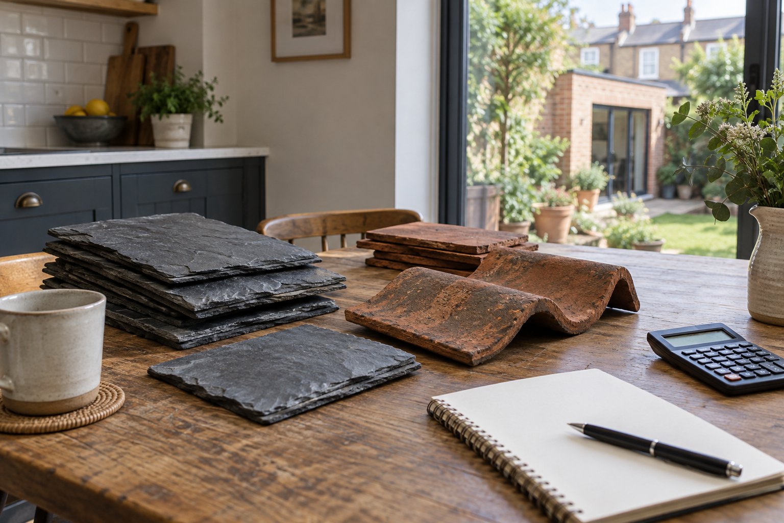 Slate and clay tile samples beside a notebook and calculator on a kitchen table