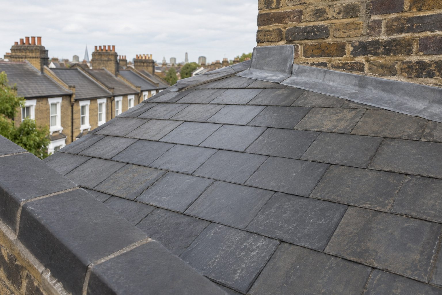Matched replacement slates beside lead flashing on a pitched roof